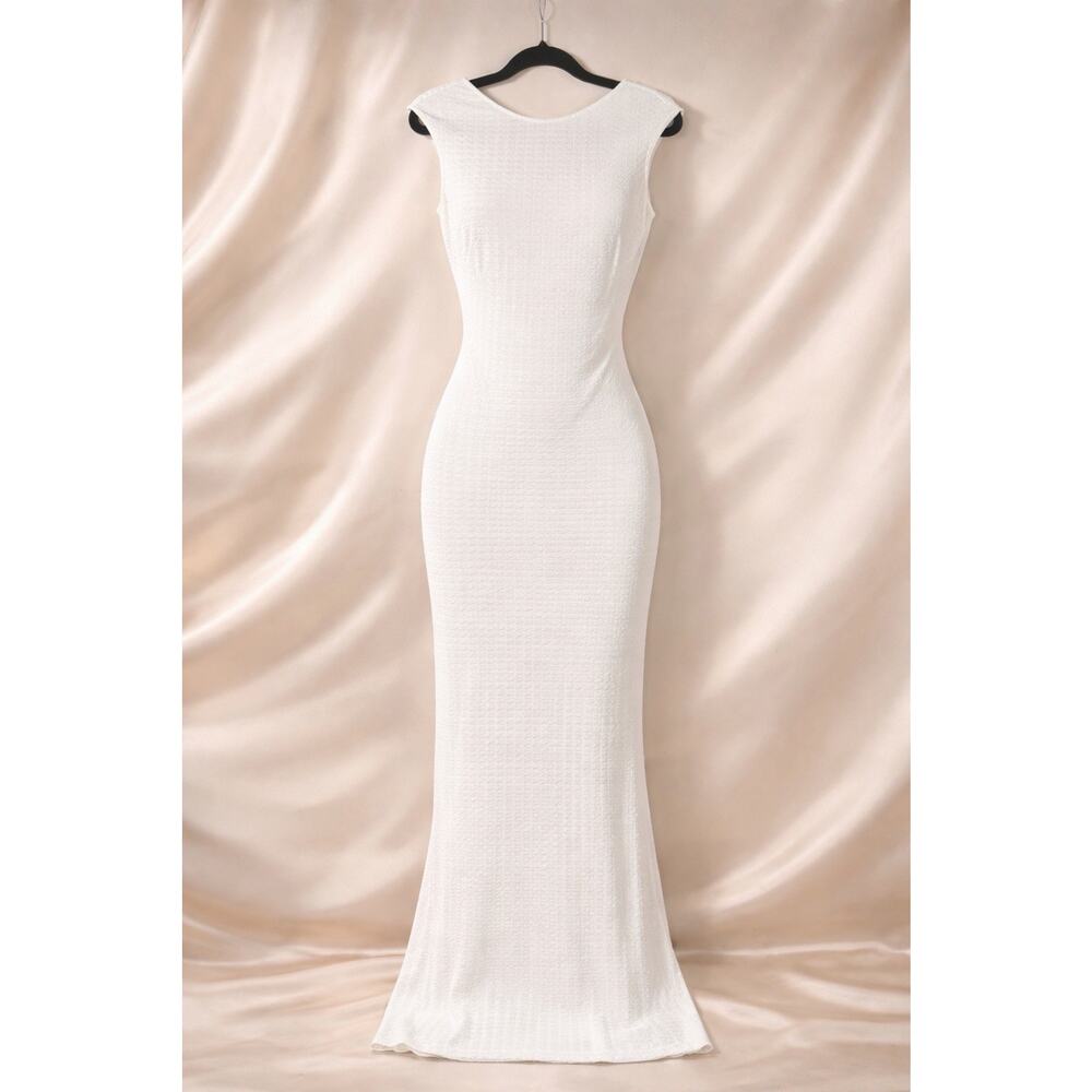 Luvalot White Stretch Bodycon Midi Dress Small Textured Open Back Tie Fitted